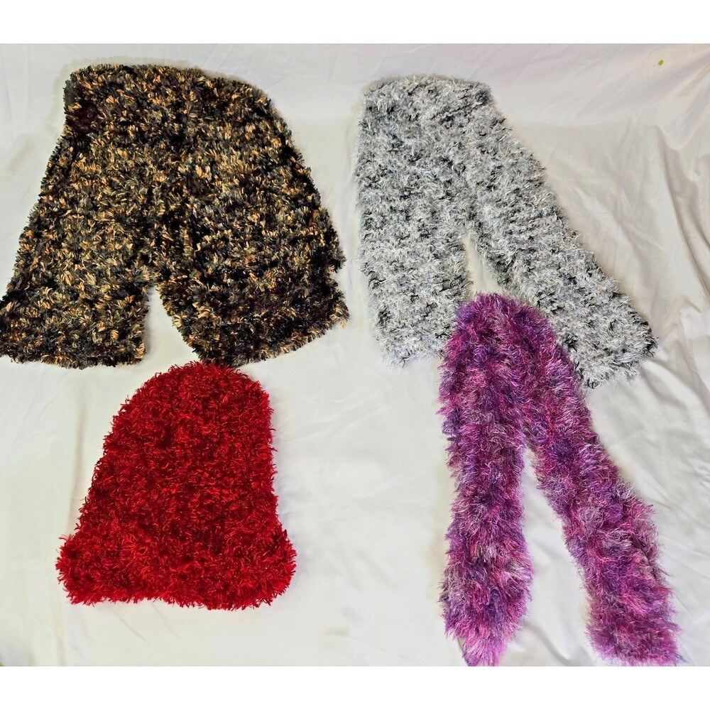 Fuzzy Chenille Scarf Beanie Lot of 4 Black White Gold Purple Red 34" to 44"